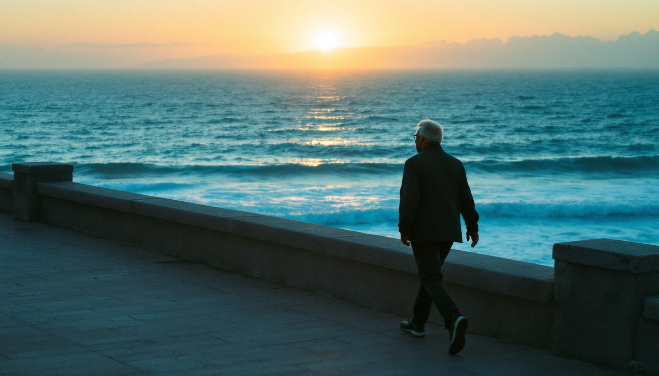 Person walking on a coastal path in the early morning