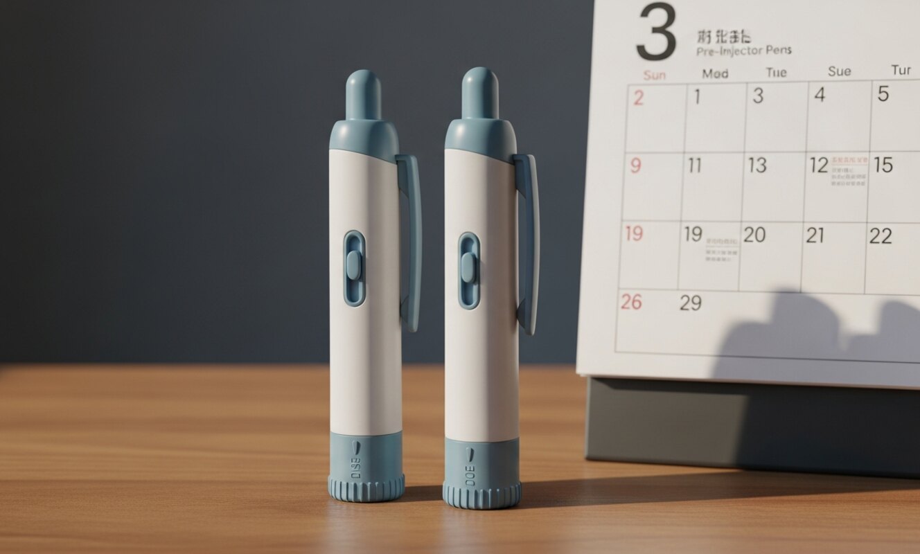Two empty injection pens beside a calendar
