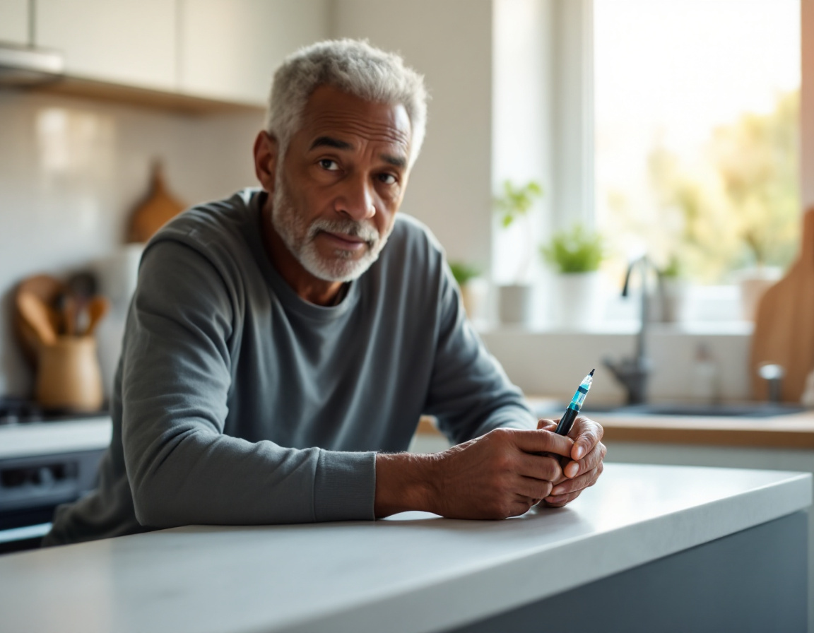 A South African person holding a Wegovy pen on a clean kitchen counter with morning light